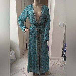 NWT KARMA HIGHWAY MAXI ROBE BOHO Teal Long Robe FLORAL ONE SIZE? Reversible